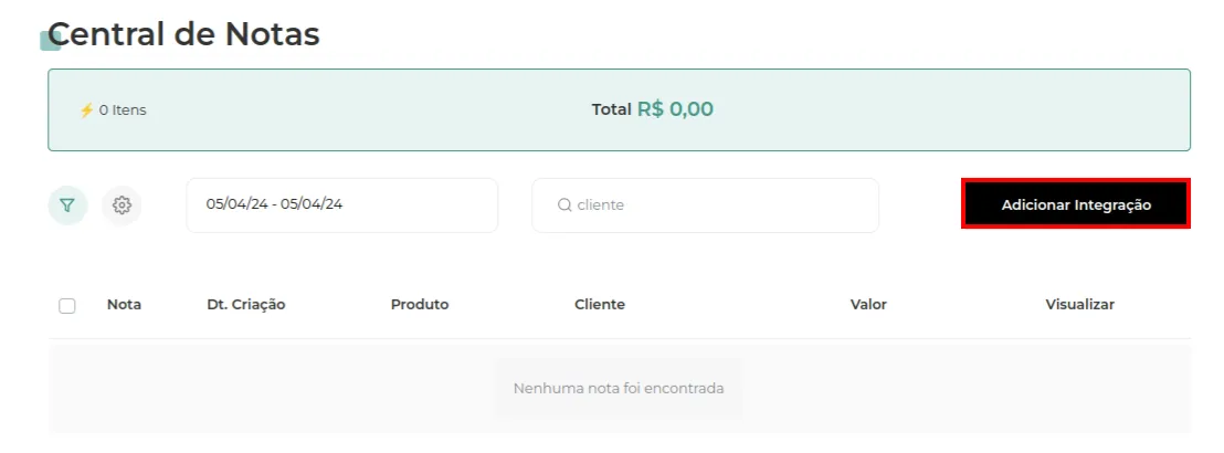 Central de Notas com o botão Adicionar Integração