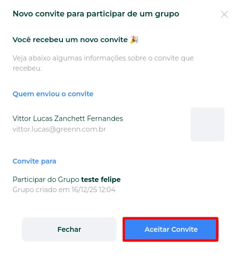 Tela de confirmação do convite
