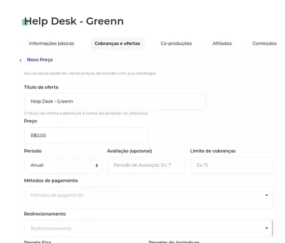 Opção Planos de Pagamento sendo ativada na oferta
