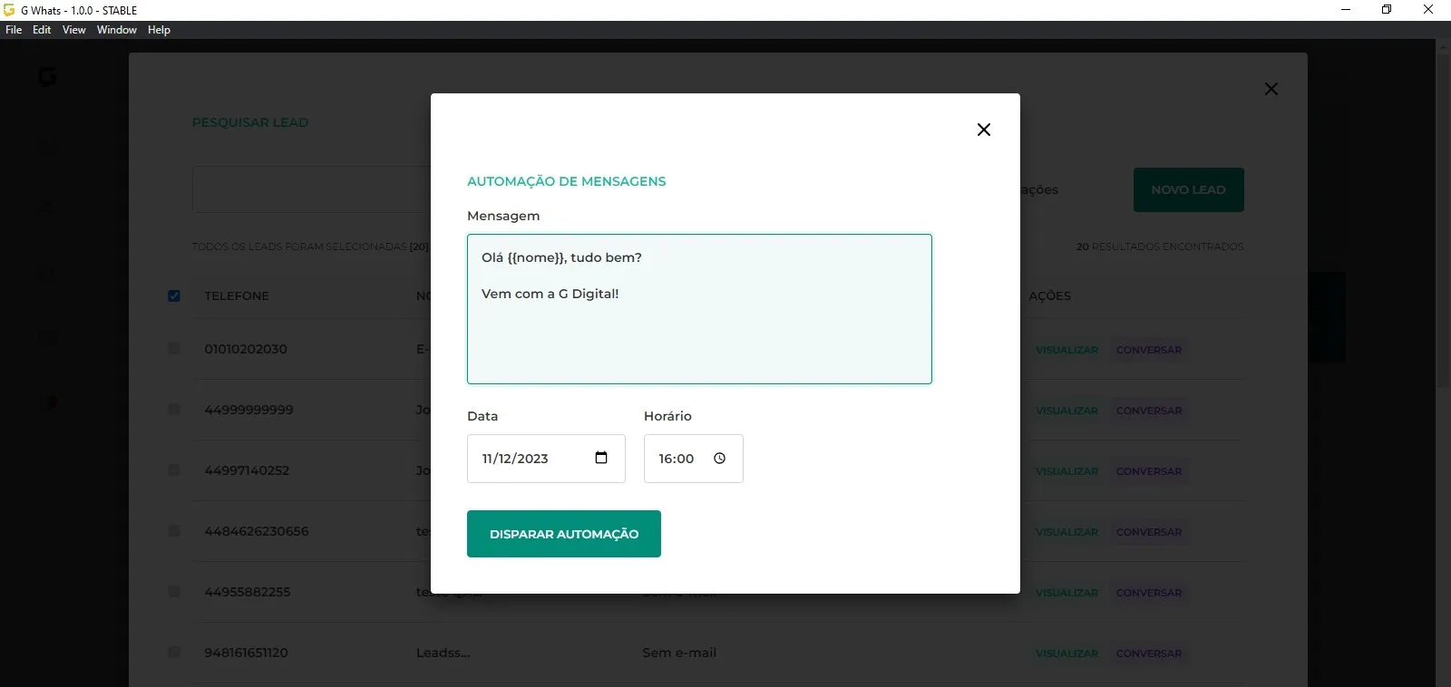 Tela da Greenn Sales: Digite sua mensagem e date a mesma com um horário e dia ao qual queira iniciar a automação