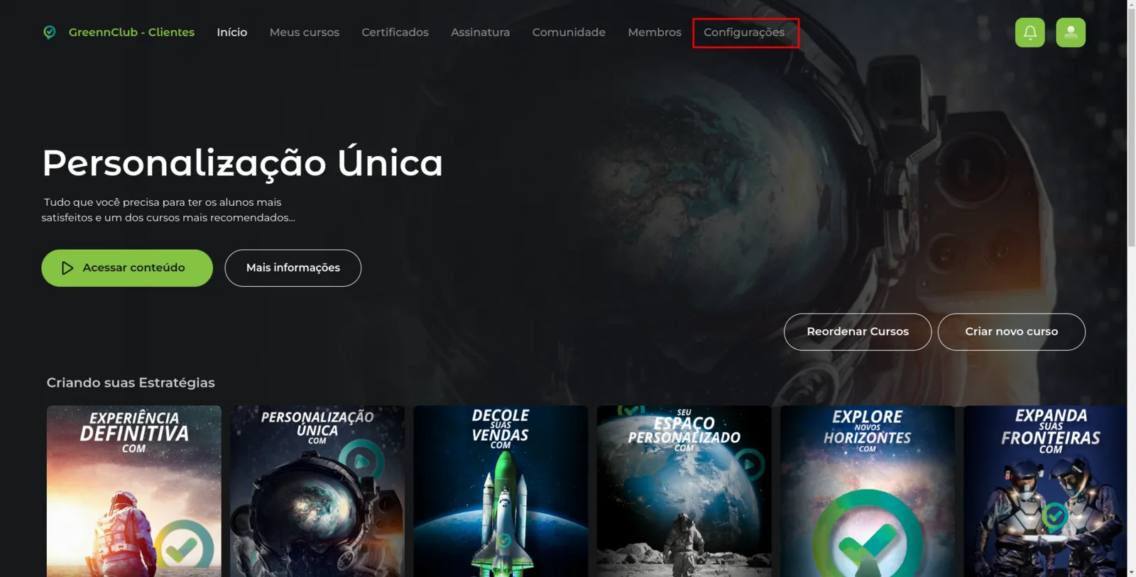 Menu com Configurações