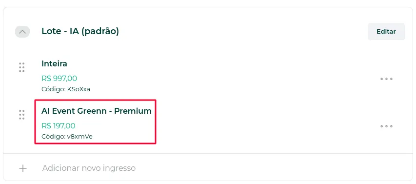 Ingresso novo listado dentro do lote