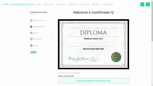 Gravação arrastando o nome do aluno no certificado