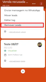 Tela do passo: Aqui temos a opção de remover os leads de um pipeline, todos de uma vez só apenas clicando em remover leads e