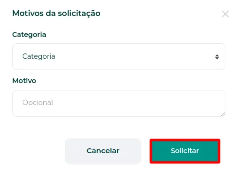 Janela para informar o motivo do reembolso