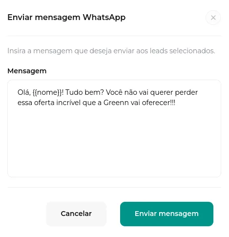 Tela da Greenn Sales: Adicione a sua Mensagem e selecione Enviar Mensagem