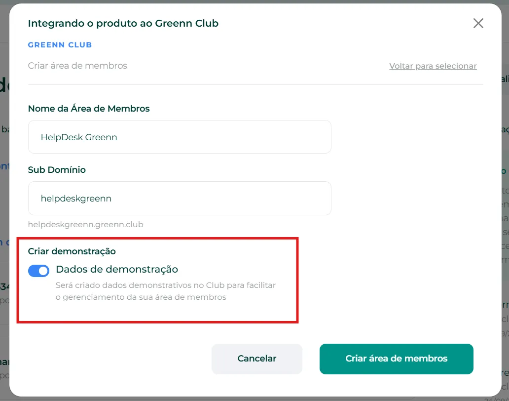 Opção Dados de Demonstração