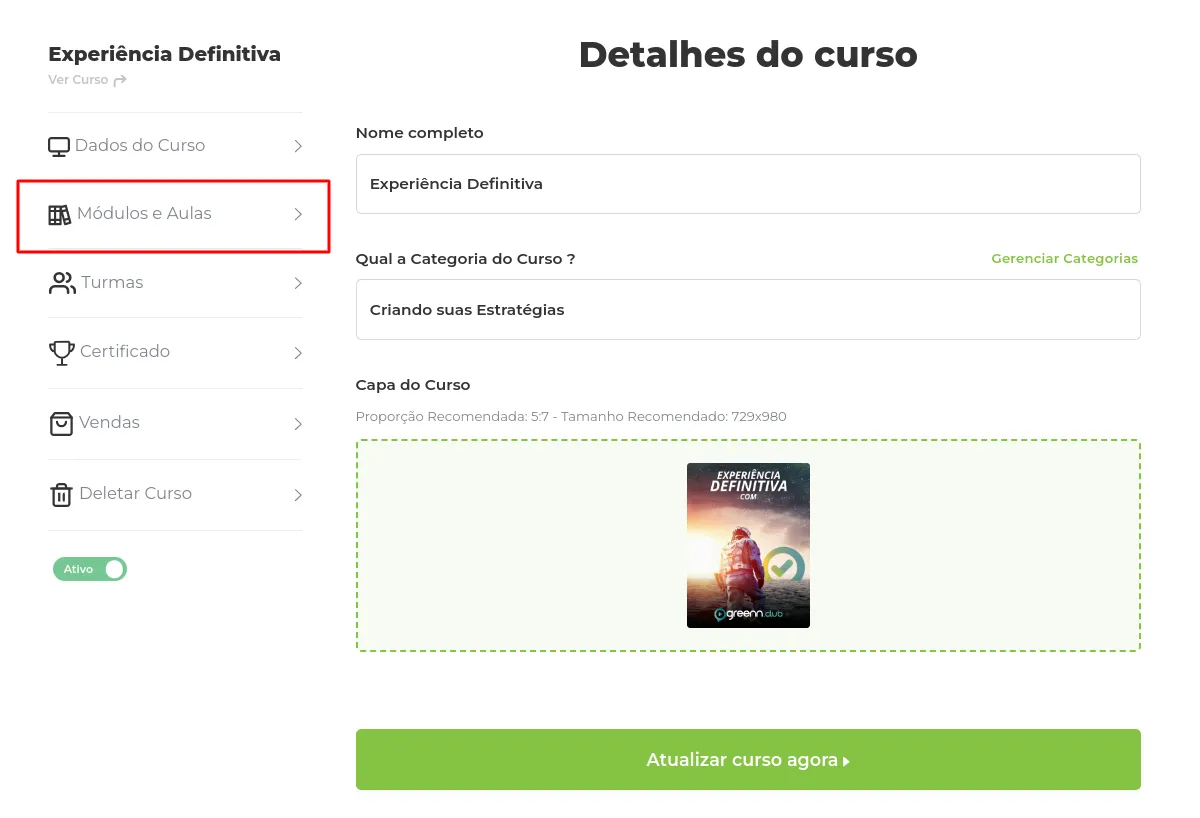 Menu do curso com Módulos e Aulas