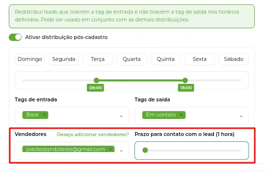 Seleção dos vendedores e do prazo mínimo para contato