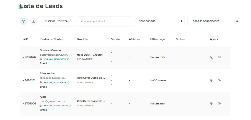 Lista de leads com status Abandonado