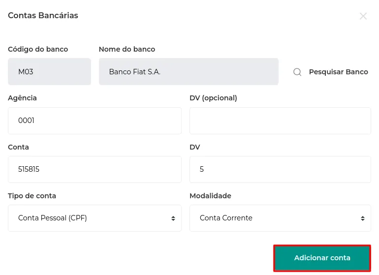 Botão Adicionar Conta no formulário