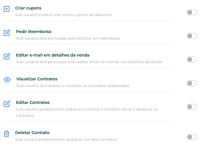 Lista de permissões disponíveis para sub-usuários, parte 2