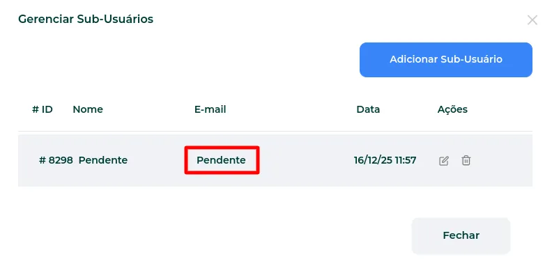Convite enviado, aguardando aceite