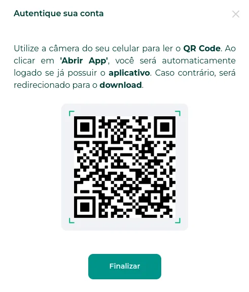 Pop-up com o QR Code e o botão Download do aplicativo