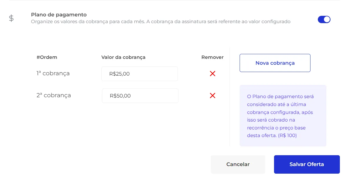 Campos para definir o valor de cada parcela da assinatura