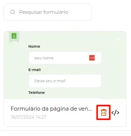 Lixeira do formulário com a opção Desativar