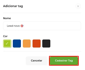 Campos de nome e cor da tag com o botão Cadastrar Tag