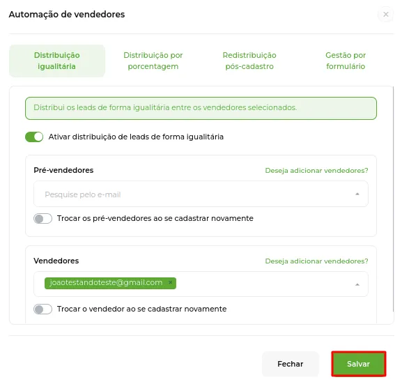 Tela da Greenn Sales: Após adicionar os vendedores, basta Salvar a configuração