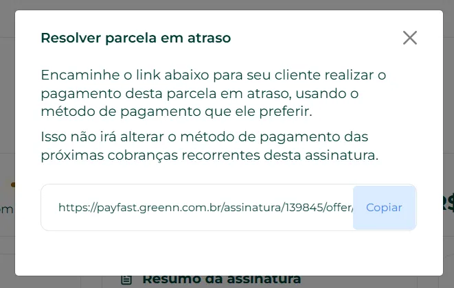 Link gerado para o cliente pagar a parcela em atraso