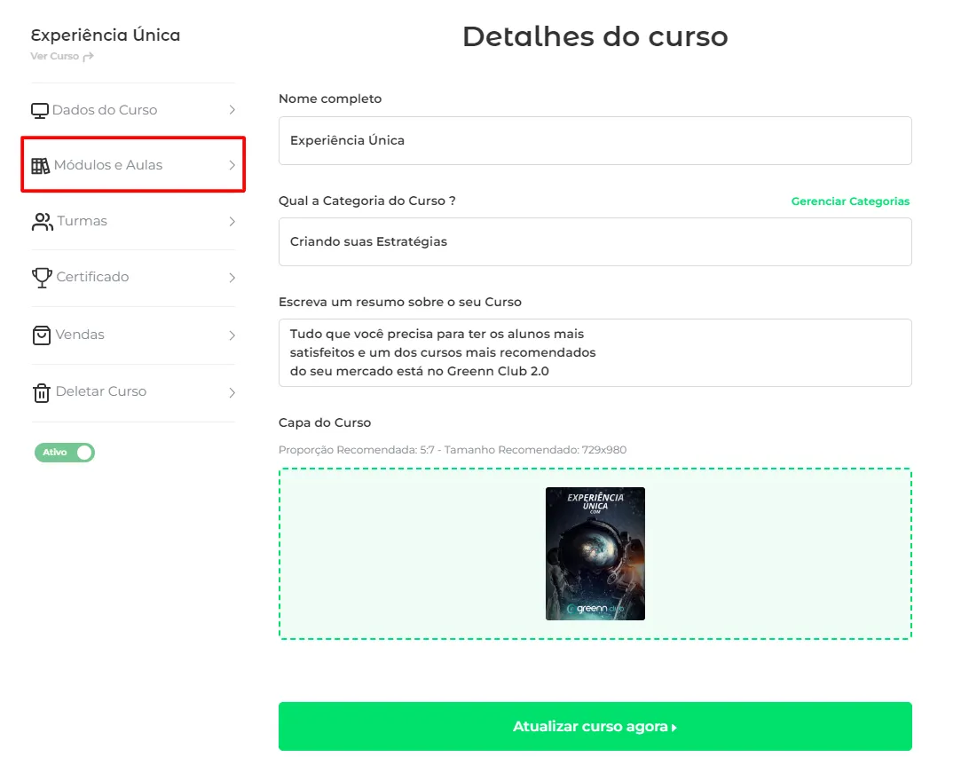 Menu do curso com Módulos e Aulas