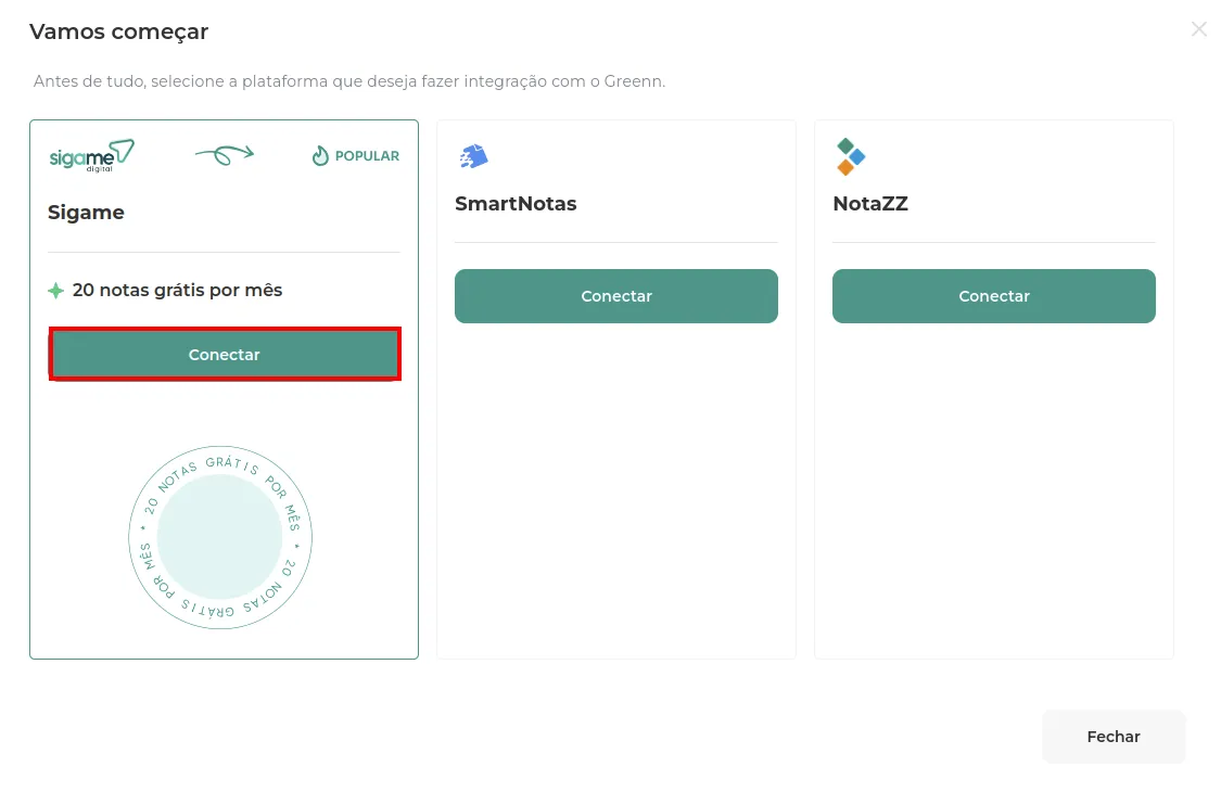 Sigame na lista de integrações com o botão Conectar