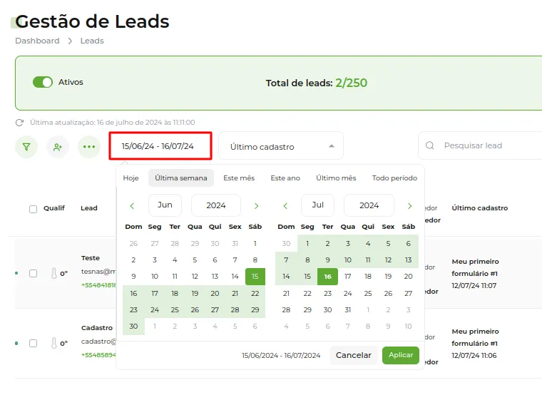 Tela do passo: Agora acima temos alguns filtro que podemos aplicar clicando em