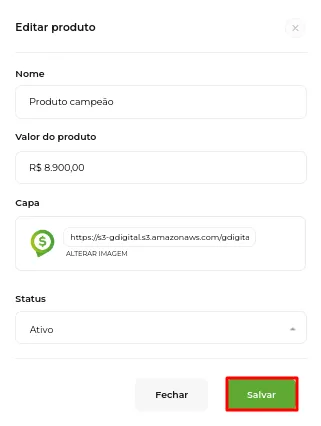 Formulário do produto com nome, apelido, valor, capa e status e o botão Salvar