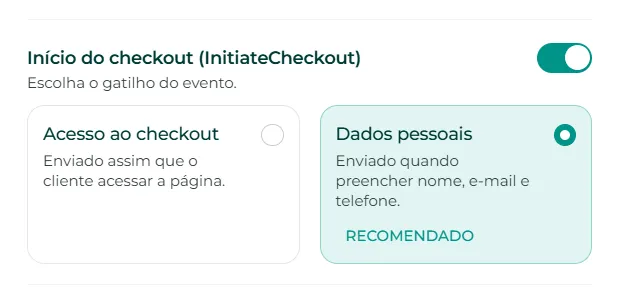 Opções de envio do evento InitiateCheckout