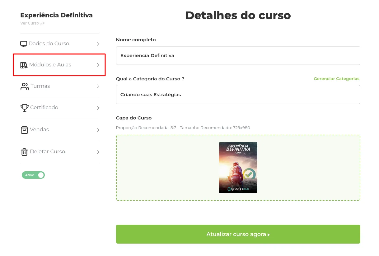 Opção Módulos e Aulas
