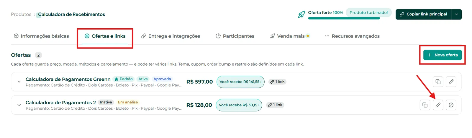 Tela Cobranças e Links com o botão de nova oferta e o lápis de edição