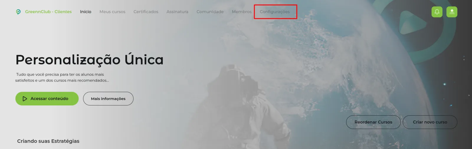 Menu do painel com a opção Configurações
