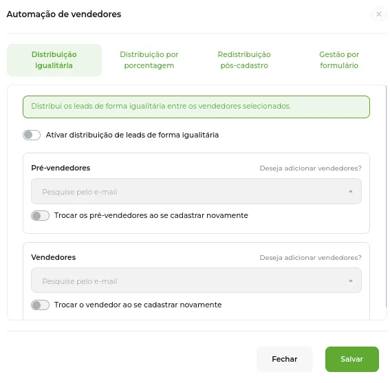 Tela da Greenn Sales: Selecione uma Automação, sendo ela a Distribuição de Leads