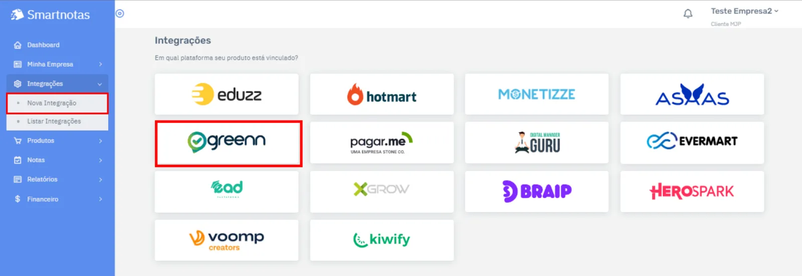 Tela de Nova Integração da SmartNotas com a Greenn