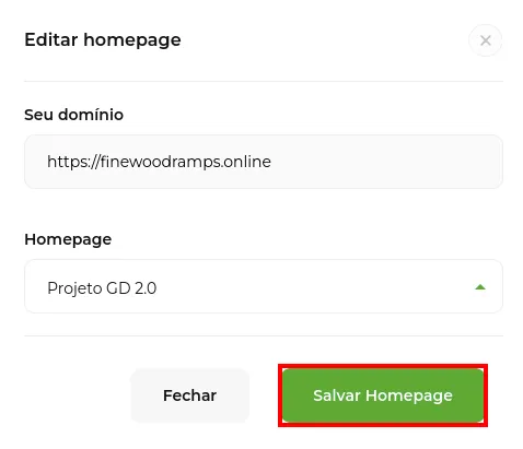Seleção da homepage do domínio e botão Salvar