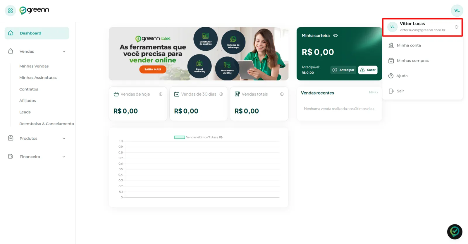 Painel aberto na conta do produtor