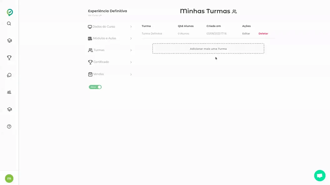 Gravação clicando em Adicionar mais uma turma