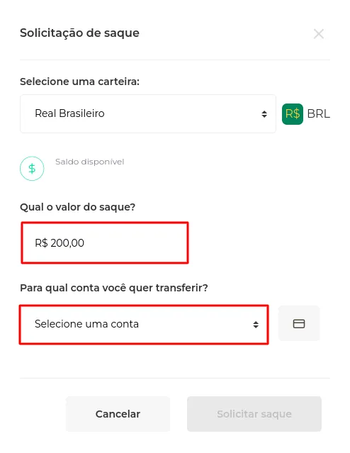 Tela de saque com a conta de destino e o valor