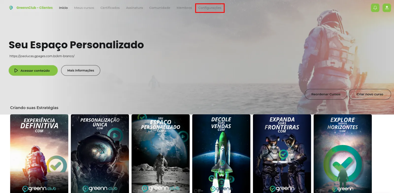 Menu do Club com Configurações