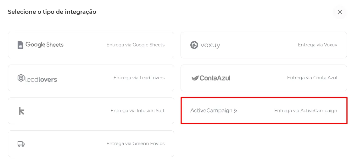 Lista de integrações com a ActiveCampaign