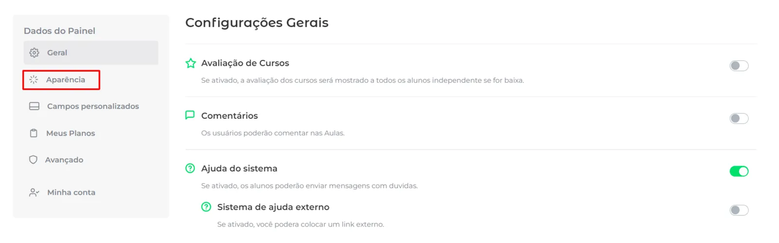 Aba Aparência nas configurações