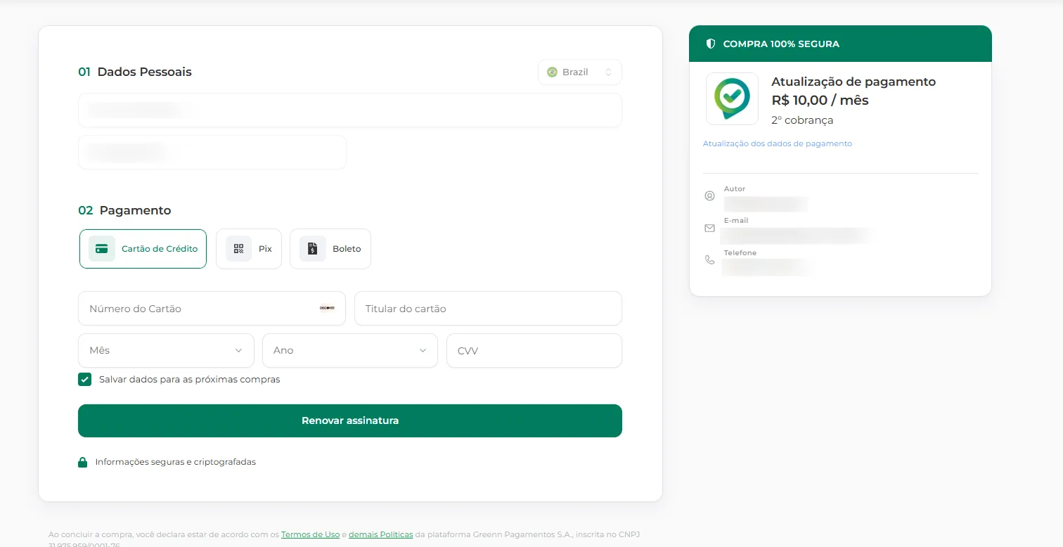 Checkout de atualização preenchido com os dados do cliente
