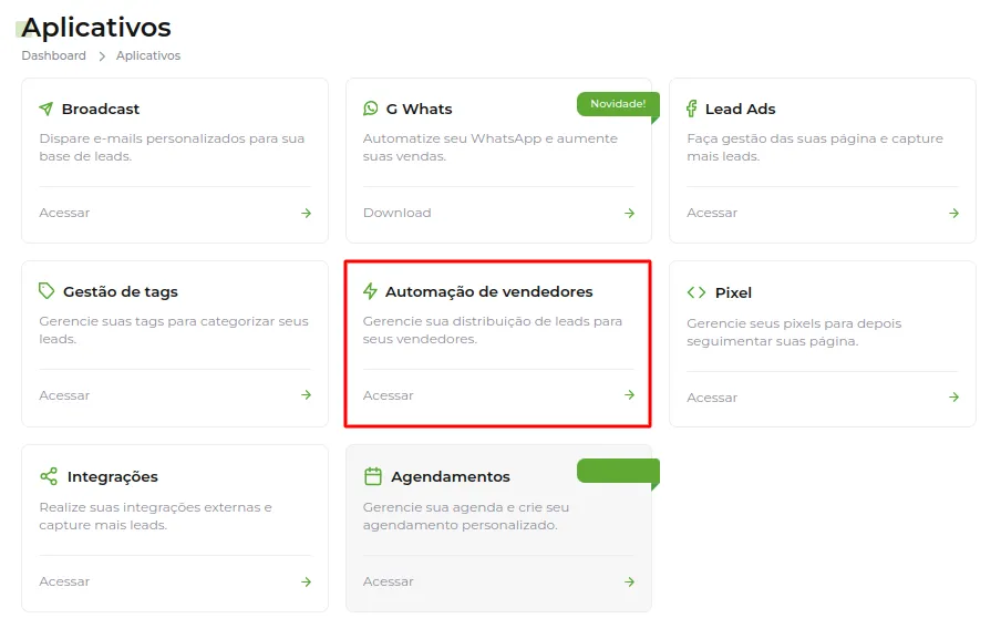 Opção Automação de Vendedores