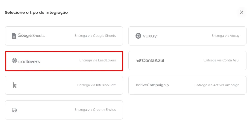 Lista de integrações com a LeadLovers