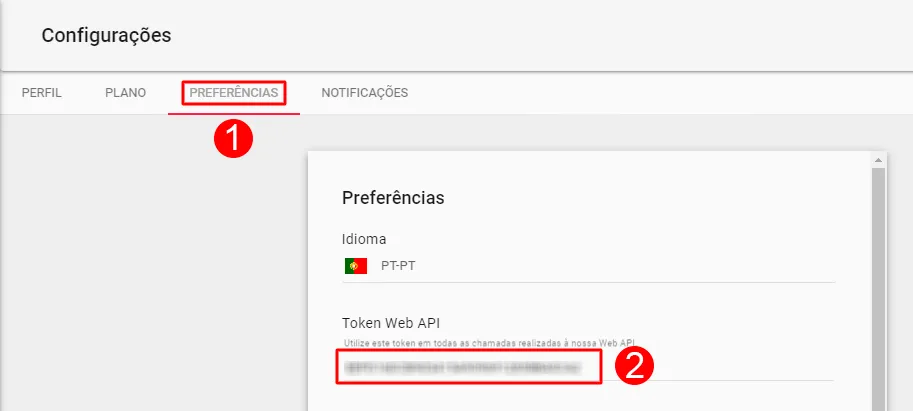 Campo Token Web API na aba Preferências da LeadLovers