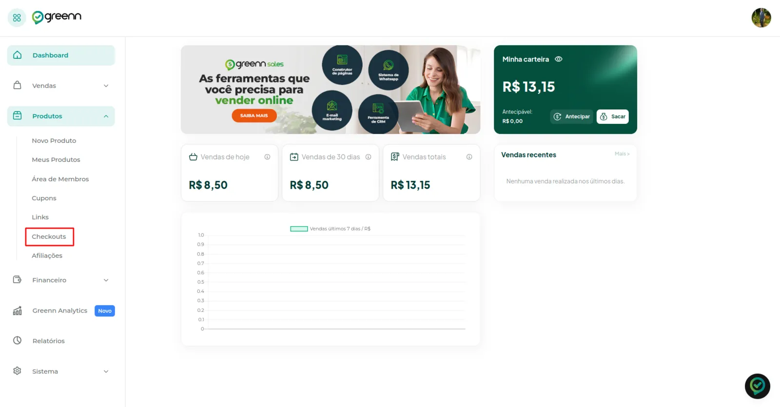 Menu Produtos com a opção Checkouts selecionada