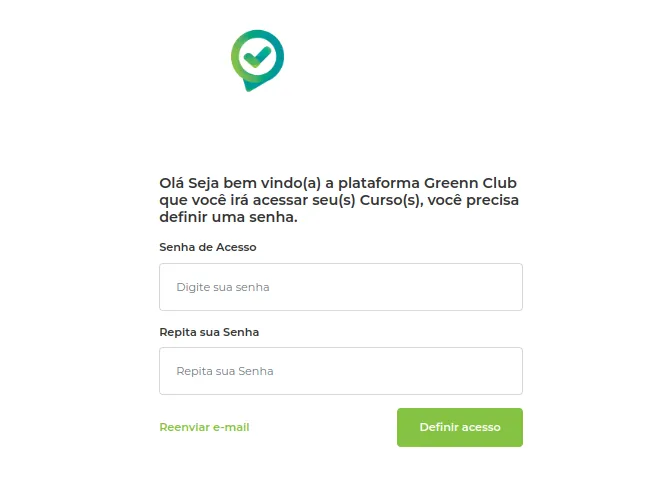 Tela para definir a senha e entrar no GreennClub