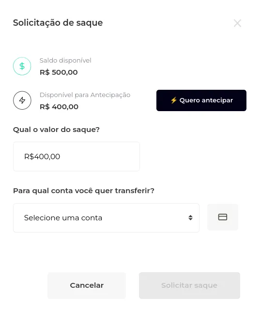 Tela com saldo para antecipação, conta bancária e saques