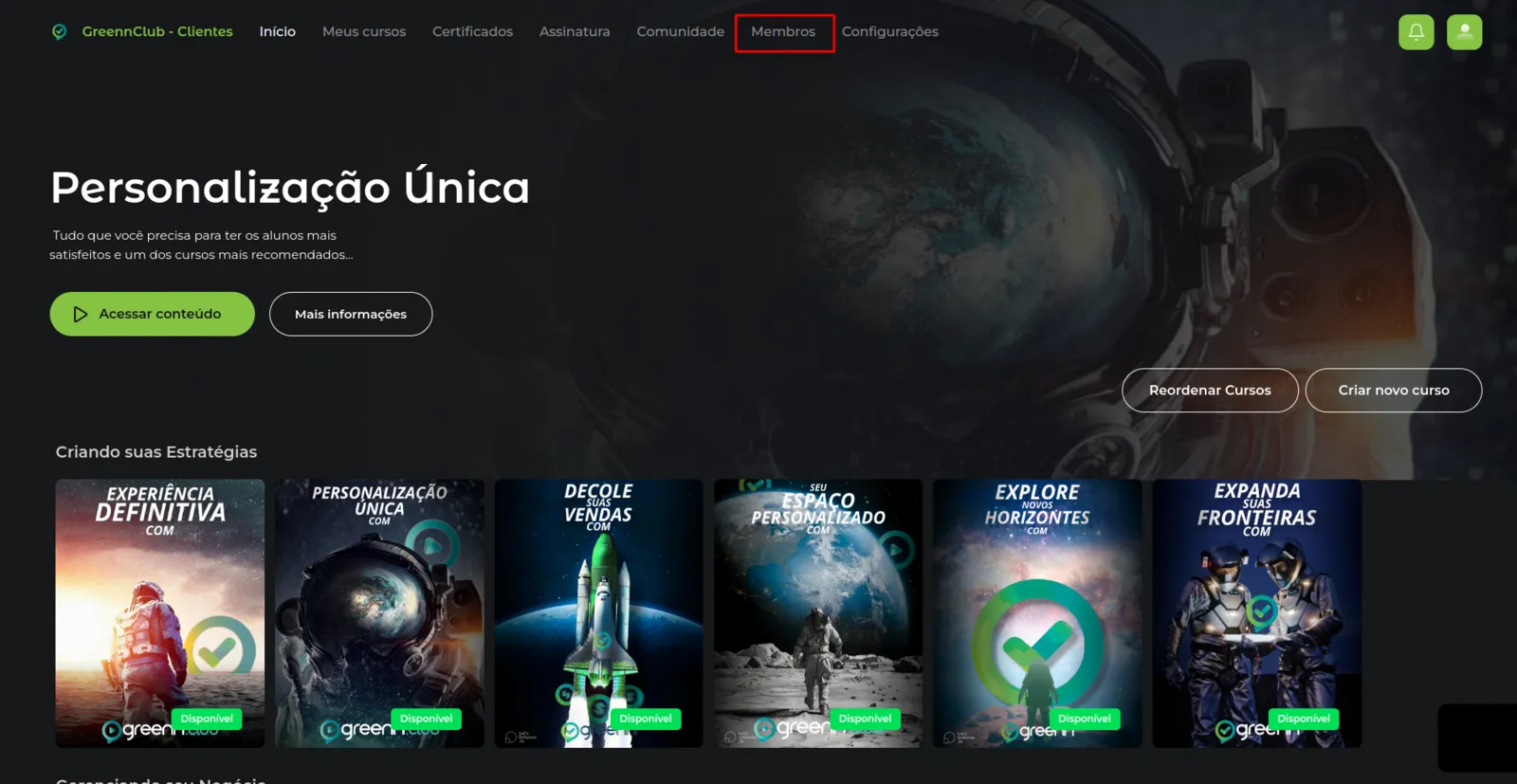 Aba Membros da área de membros