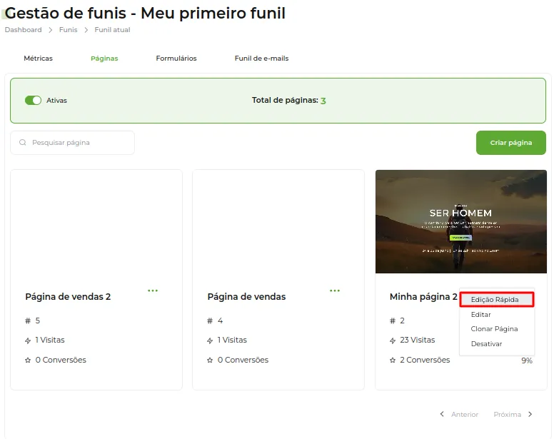 Menu de 3 pontinhos de uma página com a opção Edição rápida