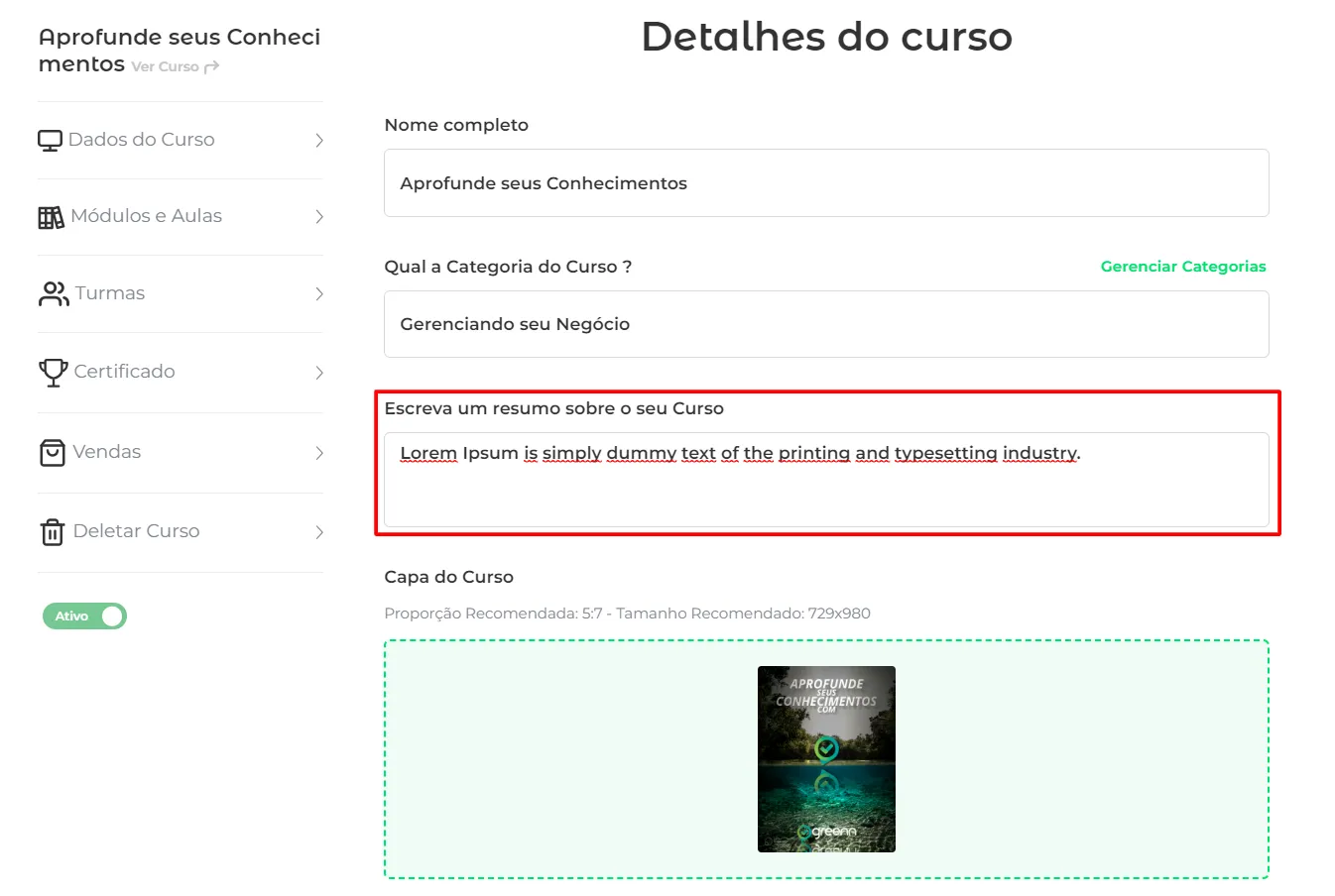 Campo de descrição na edição do curso